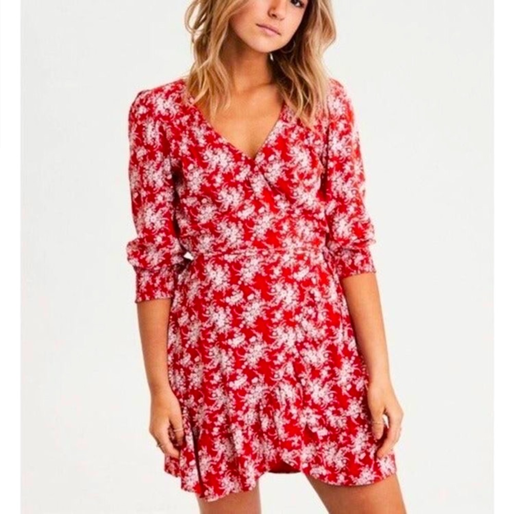 American Eagle Outfitters Red, Floral, Wrap Dress